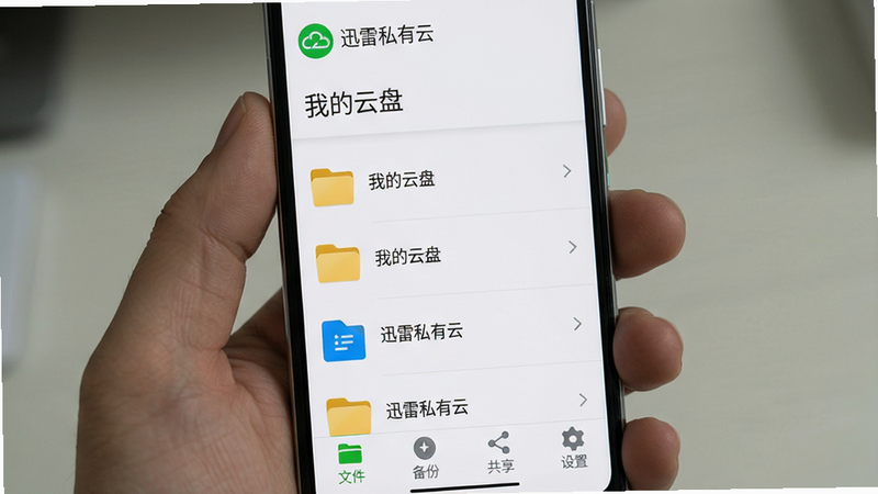 一张展示迅雷私有云安卓版主界面的高清截图,主体为手机屏幕,布局上方有“迅雷私有云”绿色Logo和“我的云盘”标题,中间以列表形式显示文件夹和文件,底部导航栏有“文件”、“备份”、“共享”、“设置”四个图标。整体风格简洁明快,背景为白色,文件图标清晰,画质细腻,无多余元素,文字标注“迅雷私有云”和主要功能名称。