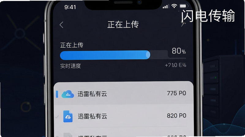 一张展示迅雷私有云传输速度界面的截图,主体为手机屏幕,布局上方显示“正在上传”状态,中间有进度条和实时速度数字,下方列出文件列表。风格简洁,蓝色进度条醒目,背景深色,画质高清,文字标注“迅雷私有云”和“闪电传输”。