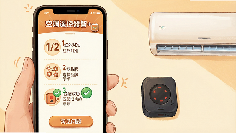 ���壺�ֻ���ʾ���յ�ң������+��ʹ��ָ�Ͻ��棬�Ա��к��ⷢ�����Ϳյ��豸�����֣��ֻ���Ļ�ֲ�����ʾ���ײ��С��������⡱��ť���Ű棺������1/2/3����Сͼ�ꣻ��񣺲廭�����ůɫ����ϸ�ڣ�����1Ϊ�������׼��������2Ϊ��ѡ��Ʒ�ơ�������3Ϊ��ƥ��ɹ��������ʣ��߷ֱ��ʣ��ɾ��޶���Ԫ��