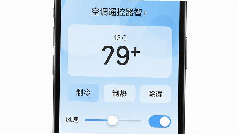 一张手机竖屏截图,显示空调遥控器智+主界面,背景为浅蓝色渐变,顶部有
