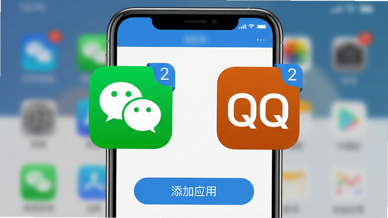 主体:微多微双软件主界面截图,展示双开微信、QQ两款应用同时运行。布局:手机屏幕居中,左右各一个微信图标和QQ图标,底部有“添加应用”按钮。排版:清晰简洁,图标排列整齐。风格:扁平化UI设计,色彩以蓝色和白色为主。细节:图标上带有“2”角标表示双开状态,背景虚化处理。画质:高清,无多余元素,干净明亮。