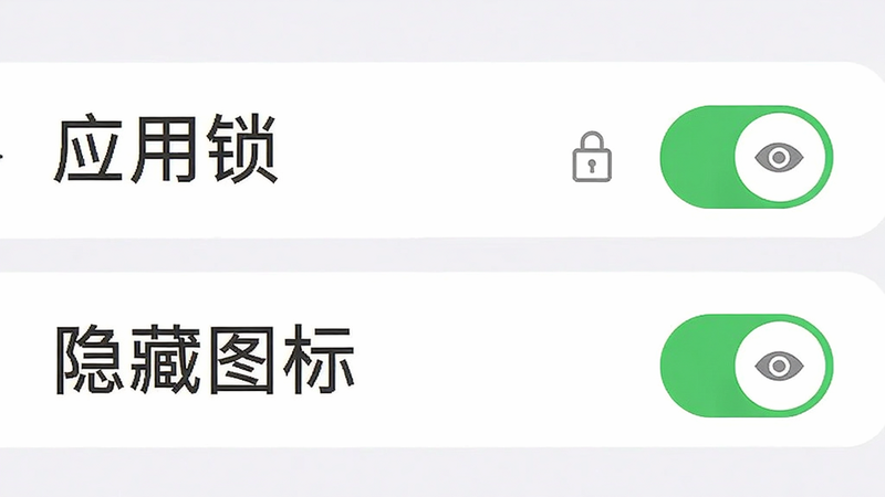 主体:微多微双隐私设置界面,显示“应用锁”和“隐藏图标”开关。布局:设置列表样式,每个选项带开关按钮。排版:从上到下排列,字大清晰。风格:简洁设置UI,背景为纯白。细节:开关为绿色开启状态,锁图标和眼睛图标分别表示。画质:干净清爽。