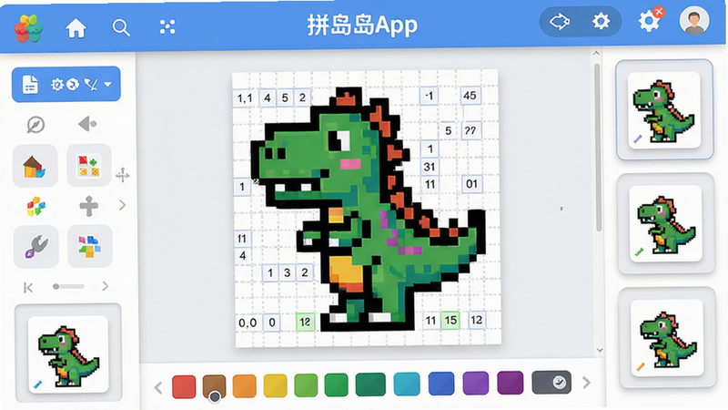 主体:拼豆岛App界面预览图,中央显示一个彩色像素画编辑界面,周围有工具面板和图纸库缩略图。布局:上下结构,上方为导航栏,中间为画布区域,下方为颜色选择条。排版:清晰整洁,左右对称。风格:扁平化UI设计,色彩鲜艳明亮,带有柔和阴影。细节:画布上显示一个正在编辑的“小恐龙”像素图案,像素格点清晰,颜色标注数字。画质:4K超清,干净无多余元素。