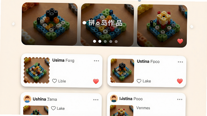 主体:拼豆岛社区动态页面,顶部为热门作品轮播图,下方为瀑布流帖子卡片,每张卡片包含作品图、用户名、点赞数。布局:轮播图占上方三分之一,下方两栏瀑布流。排版:卡片圆角,阴影轻微。风格:社交平台风格,温暖色调。细节:轮播图有指示圆点,卡片右下角有“”图标。画质:高分辨率,无多余文字干扰。