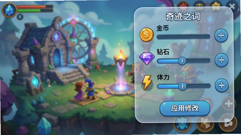 主体: 游戏画面中悬浮半透明的奇迹之词菜单,菜单列表显示“金币”、“钻石”、“体力”等滑块控件,布局: 游戏场景为魔幻风格,菜单在右上角,排版: 菜单为圆角卡片样式,条目标题清晰,风格: 卡通渲染+UI扁平,细节: 每个选项旁边有加减号按钮,菜单底部有“应用修改”按钮,画质: 1080P,干净无多余元素