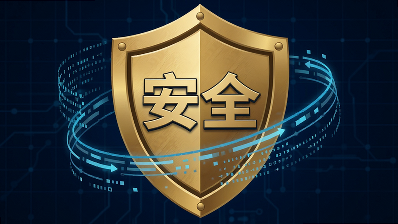 主体: 盾牌图标与奇迹之词Logo组合,盾牌上写着“安全”二字,周围有数据流线条环绕,布局: 居中对称,排版: 盾牌为金色金属质感,背景为深蓝色科技网格,风格: 扁平+微立体,细节: 盾牌纹理清晰,文字“安全”加粗,画质: 超清,干净无多余元素