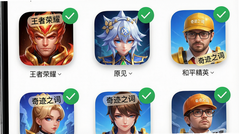 主体: 手机应用列表界面,多个热门游戏图标(如《王者荣耀》《原神》《和平精英》)上带有“奇迹之词”小标签,布局: 手机竖屏,图标网格排列,排版: 每个图标右上角有一个绿色对勾表示兼容,风格: 简洁现代,细节: 背景为白色,图标阴影自然,画质: 高清,干净无多余元素