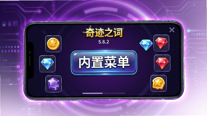 主体: 一个手机屏幕展示奇迹之词软件界面,界面中央有“内置菜单”按钮,周围环绕金币、钻石、宝石等游戏道具图标,布局: 手机居中,背景为渐变的紫色科技感光晕,排版: 手机横向放置,软件界面清晰显示“奇迹之词”Logo和版本号5.8.2,风格: 赛博朋克+游戏化,细节: 手机边缘有发光效果,界面按钮有光泽质感,文字“内置菜单”加粗白色,画质: 高清4K,干净无多余元素