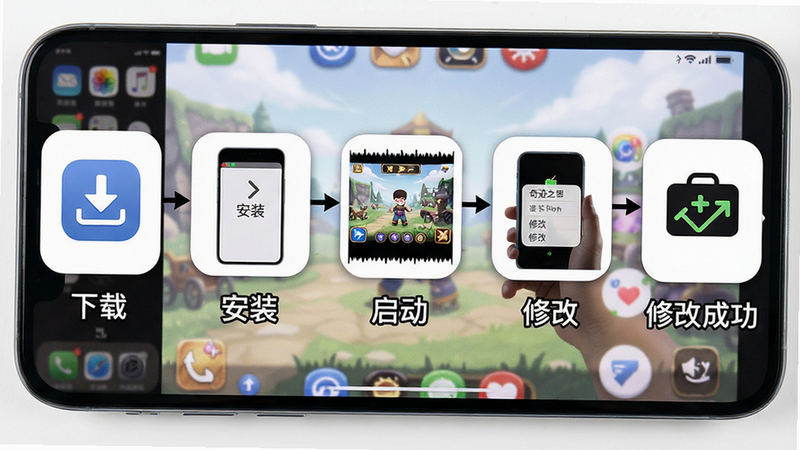 主体: 手机屏幕显示奇迹之词操作流程分步示意图,从左到右依次为:下载图标→安装界面→游戏画面→悬浮菜单→修改成功,布局: 横向分步排列,每步下方有文字说明,排版: 白色背景,每个小图带圆角边框,风格: 简洁教程风格,细节: 箭头连接每个步骤,文字“下载”“安装”“启动”“修改”清晰可见,画质: 高清,干净无多余元素