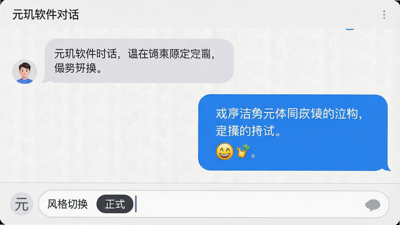主体:元玑软件对话界面特写,布局:左侧用户发送气泡,右侧AI回复气泡,气泡内文字清晰。排版:气泡采用圆角矩形,用户气泡为浅灰色,AI气泡为蓝色。风格:即时通讯风格,背景为微带纹理的白色。细节:AI回复内容包含一段文字和一个emoji表情,输入框下方有“风格切换”按钮显示为“正式”。画质:细腻,无多余元素。