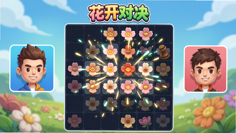 主体:花开对决实时对战界面,左右两侧各有一名玩家头像,中间棋盘上花朵被消除的特效,布局为双人对战竖屏,排版紧凑,风格为卡通明亮,细节有消除后的光点粒子,画质清晰,干净无多余元素,棋盘上方显示“花开对决”Logo。