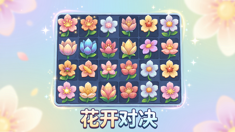 主体:花开对决游戏主界面,中央是一个由彩色花朵组成的棋盘,布局整齐,排版居中,风格为清新卡通,细节包含花瓣纹理和光效,画质高清,画面干净无多余元素,背景为柔和的渐变色,底部显示“花开对决”字样。
