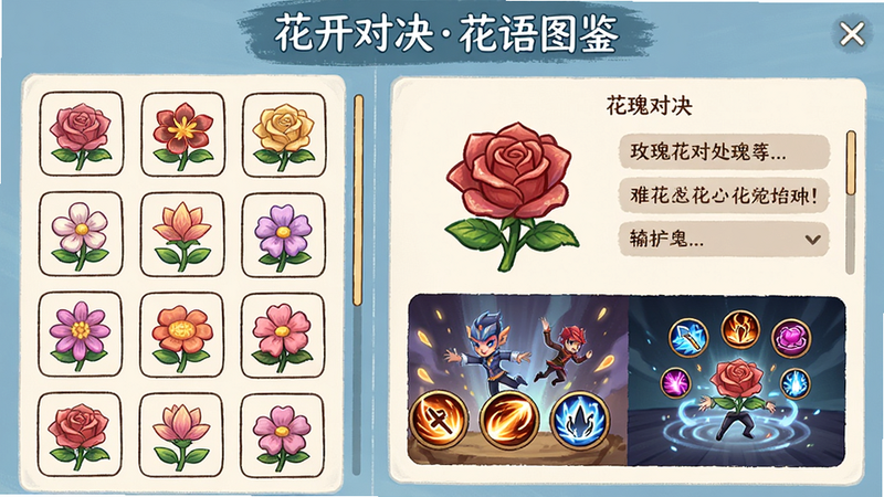 主体:花开对决花卉角色展示界面,左边列表显示各种花朵图标,右边详细展示玫瑰的技能描述和动画效果,布局为左右分栏,排版规范,风格为手绘卡通,细节有花朵纹理和技能图标,画质高清,干净无多余元素,顶部标题“花开对决花语图鉴”。