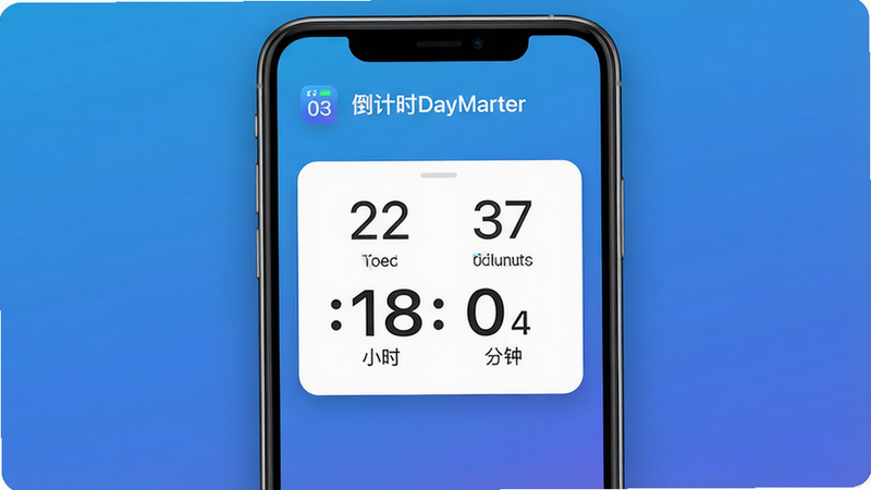 一款手机屏幕显示倒计时DayMarter应用界面,主体为日期倒计时卡片,布局居中,顶部有标题'倒计时DayMarter',背景为渐变蓝色,风格简洁现代,细节包括天数、小时、分钟数字,画质高清,干净无多余元素