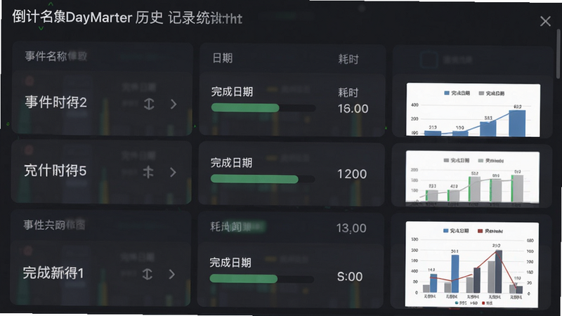倒计时DayMarter历史记录统计界面,主体为列表显示已完成事件,布局从上到下,每行包含事件名称、完成日期和耗时,风格信息型,细节包括进度条和图表,画质清晰,无多余元素