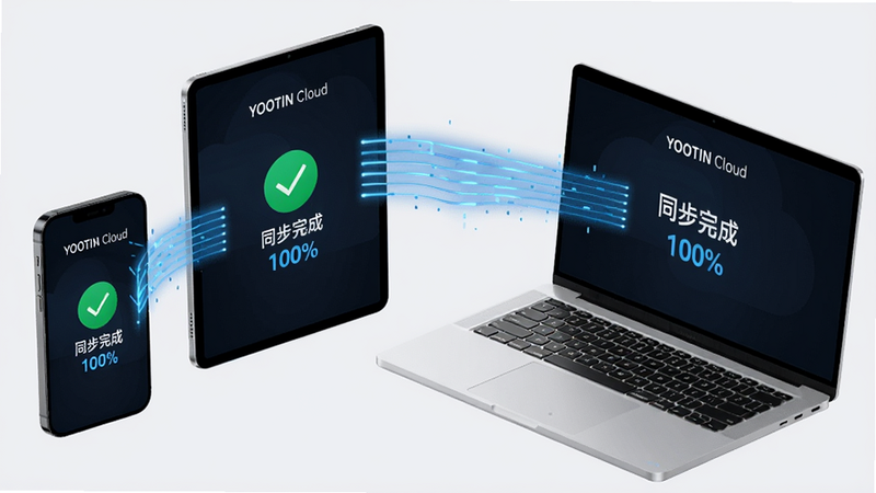 ���壺�����豸���ֻ���ƽ�塢�ʼǱ�����Ļ��ʾYOOTINͬ��״̬���豸����������������ɫ��Ч�����֣������豸���������У�����Ϊǳ��ɫ����񣺿Ƽ��в廭��ϸ�ڣ�ÿ����Ļ����ͬ���ɹ��Թ�ͼ�꣬�����С�YOOTIN Cloud�����������ʣ����壬�ɾ����޶���Ԫ�ء����֣��豸��Ļ��ʾ��ͬ����� 100%����