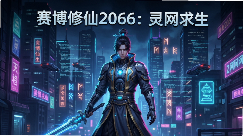 赛博朋克风格的游戏海报,主体是赛博修仙2066灵网求生游戏中主角站在霓虹闪烁的赛博都市背景前,身穿科技感修仙服饰,手持发光长剑,周围漂浮着数据流和符文,画面中央上方有“赛博修仙2066:灵网求生”游戏标题,布局居中,排版清晰,风格赛博朋克与东方修仙结合,细节丰富,画质高清,干净无多余元素