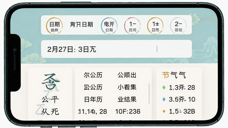 吉顺万年历日期转换界面,主体为手机屏幕中央显示日期输入框和转换结果,布局分上下两部分,上半部分选择日期,下半部分显示农历公历对照及节气,风格清新,细节包括农历大写数字,画质清晰。