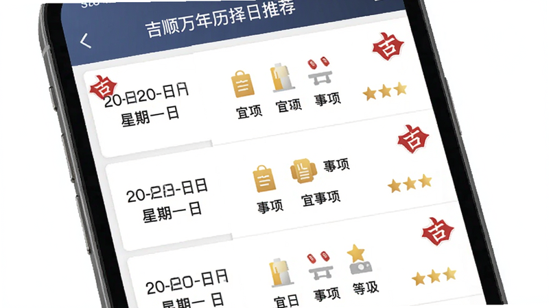 吉顺万年历择日推荐界面,主体为手机屏幕显示列表形式,每行一个推荐吉日,包含日期、星期、宜事项图标和等级星标,布局整齐,风格轻商务,细节包括红色“吉”字标签,画质干净。