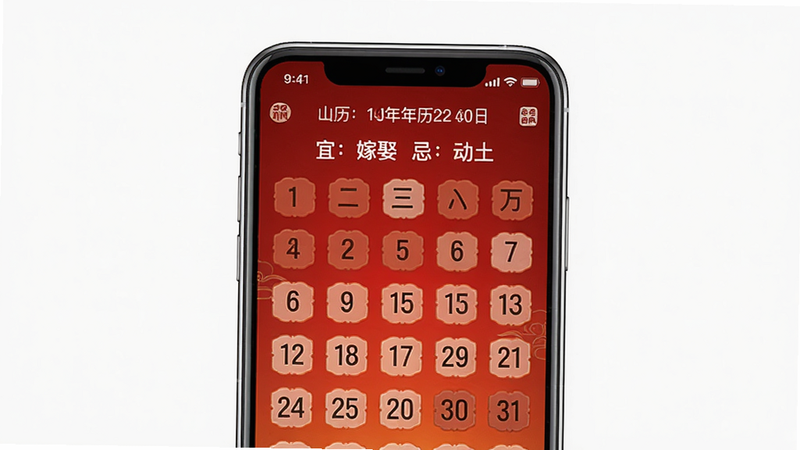 吉顺万年历主界面截图,主体为手机屏幕居中展示,顶部显示农历日期和“宜:嫁娶 忌:动土”红色字样,背景为渐变红底,布局简洁,风格传统中式,细节包括日期数字和图标,高清画质干净无多余元素。