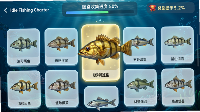 ����:Idle Fishing Charter����ͼ������, һ���ſ�Ƭչʾ��������, ÿ���㶼�б����3Dģ�ͺ����Ʊ�ǩ������:��������, �м����һ����ɫϡ���㡣�Ű�:�����С�ͼ���ռ����ȡ��ٷֱȺͽ�����ʾ�����:UI����, ��Ƭ��Բ�Ǻ�΢��Ч��ϸ��:���ۡ�������������, ���������������:����, �޶���UI����