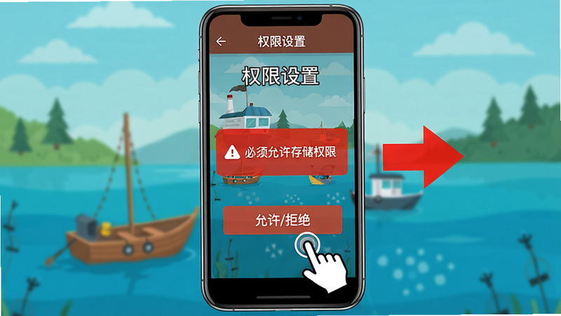 ����:�ֻ���Ļ��ʾIdle Fishing Charter�������ý���, ��ɫ�����ǿ�������������洢Ȩ�ޡ�������:�����ֻ�ģ�;���, �Ҳ��в�����ͷ��ע���Ű�:���涥���С�Ȩ�����á�����, �·��С�����/�ܾ�����ť�����:��ƽ��UI, �߶Աȶȡ�ϸ��:��ť������ָ�������������:����, ȥ�����౳��
