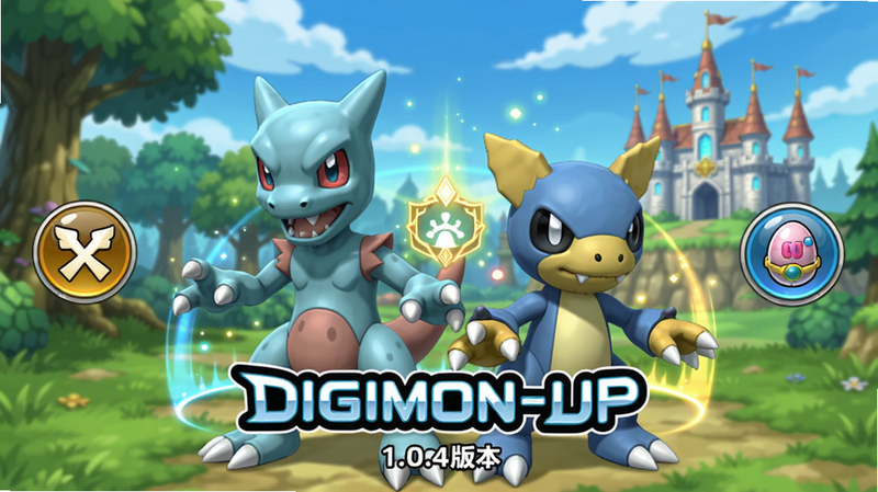 ���壺DIGIMON_UP��Ϸ�����棬չʾ���뱦���ǹ��޺ͼӲ��޲���վ������������������ɭ����Ǳ������֣�����ƫ�·�����ϷLogo��DIGIMON_UP����Logo�·��С�1.0.4�汾��������������������ս����ť�����뵰ͼ�ꡣ�Ű棺������ûƽ�ָǰ����ɫ�������о��н�����â��Ч��Զ����������ơ������ʽ��ͨ��Ⱦ��ɫ��������ϸ�ڷḻ�����ʣ�4K���壬����ݿ�������Ӱ��Ȼ���ɾ��޶���Ԫ�ء�