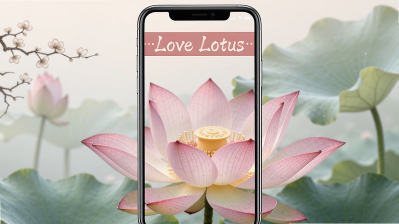 展示Love Lotus应用在手机上的主界面,背景是一朵粉色的莲花绽放,上方有歌词