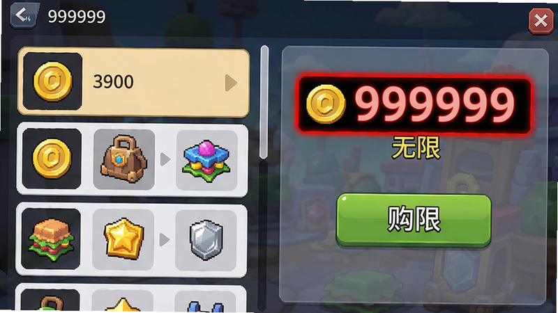 一张截图显示游戏中金币数量变为999999,主体为游戏商店界面,布局左侧为商品列表,右侧为购买按钮,金币数字用红色高亮显示,风格为游戏UI,细节有金币图标和“无限”字样,画质高清,干净无广告。