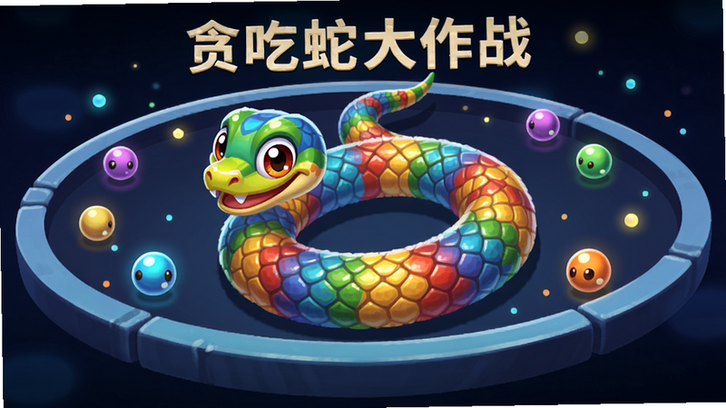 主体为一条彩色条纹的贪吃蛇在圆形竞技场中游走,周围散落发光小球和光点,背景为深色渐变,布局居中,排版简洁,风格卡通明亮,细节包括蛇身鳞片纹理和光影效果,画质高清,干净无多余元素,图片中显示文字