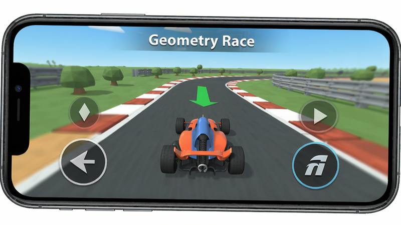 主体:Geometry Race操作界面演示,手机屏幕显示虚拟按钮和倾斜指示。布局:手机正面视图,屏幕中赛车在赛道。排版:居中。风格:UI界面清晰。细节:左侧有左右方向按钮,右侧有加速按钮,赛车在赛道中央。画质:高清,干净。