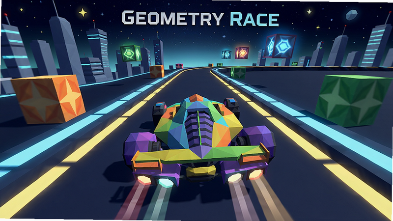 主体:Geometry Race游戏界面,一辆由几何多边形组成的彩色赛车在发光赛道上飞驰,背景是未来城市和星空。布局:赛车在画面中央偏下,赛道从近到远延伸,左右有障碍物。排版:动态视角,赛车带尾迹。风格:低多边形艺术,鲜艳色彩,科幻感。细节:赛车有棱角分明的几何形状,赛道边缘有发光线条,空中漂浮能量块。画质:4K高清,干净无多余元素。