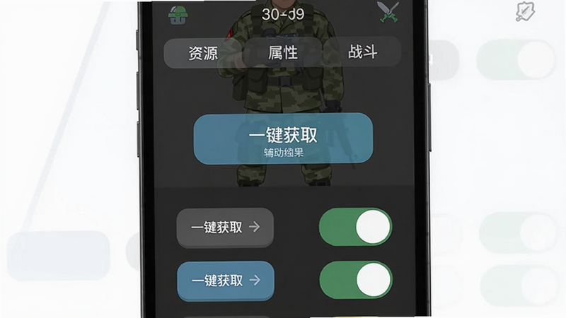 主体:手机屏幕显示成长士兵(辅助菜单)的主界面,布局居中,上方有“资源”、“属性”、“战斗”等分类标签,下方为功能开关按钮,排版简洁清晰,风格扁平化现代,细节:按钮带有“一键获取”文字,画质高清,干净无多余元素
