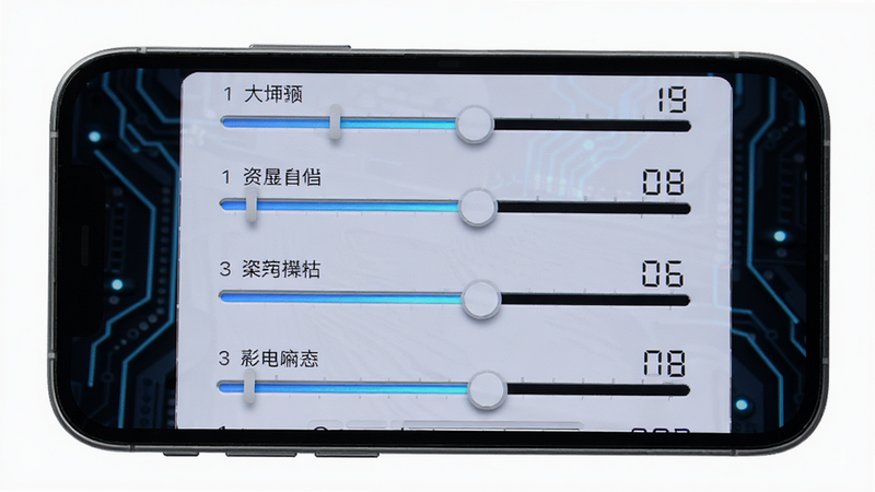 主体:手机屏幕显示属性修改界面,布局居中,有多个滑块控件,每个滑块对应一个属性名称,排版整齐,风格科技感,细节:滑块有数字显示,画质高清,干净无多余元素