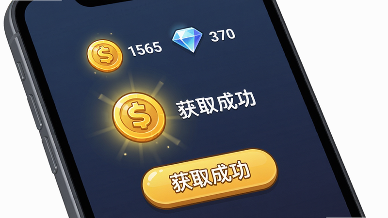 主体:手机屏幕显示资源获取成功提示,布局居中,上方有金币、钻石图标和数字,下方有“获取成功”按钮,排版简洁,风格卡通,细节:金币图标发光,画质高清,干净无多余元素