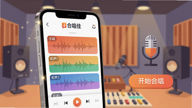 主体:一部手机屏幕上显示合唱佳App的主界面,界面中有多个声部轨道波形图,背景是虚拟录音棚环境。布局:手机居中偏左,右侧有麦克风图标和“开始合唱”按钮。排版:界面UI简洁,顶部有“合唱佳”logo,中部波形图彩色分层,底部控制栏。风格:扁平化插画风格,色彩明亮温暖,带有一点科技感。细节:波形图上显示“主唱”“和声1”“和声2”等标签,手机边框有光影反射。画质:4K超清,干净无多余元素。