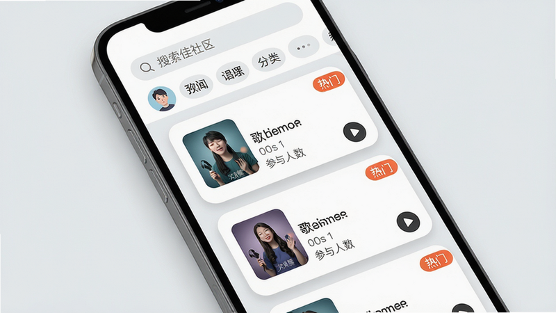 主体:手机屏幕上显示合唱佳社区页面,列表中有多个用户头像和歌曲封面。布局:顶部有搜索框和分类标签,中部卡片式排列。排版:卡片为圆角矩形,包含封面图、歌名、参与人数。风格:卡片式UI,柔和阴影,背景浅灰。细节:每张卡片右下角有播放按钮,右上角有“热门”标签。画质:高清,干净,无多余元素。