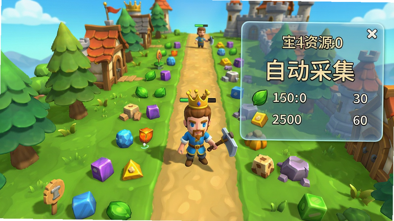 游戏场景中,虚拟角色在国王之路的地图上自动采集散落的资源,画面边缘有半透明悬浮窗显示实时资源数量。风格为卡通渲染,色彩明亮,字体“自动采集”显示在悬浮窗上,画质细腻,无多余元素。