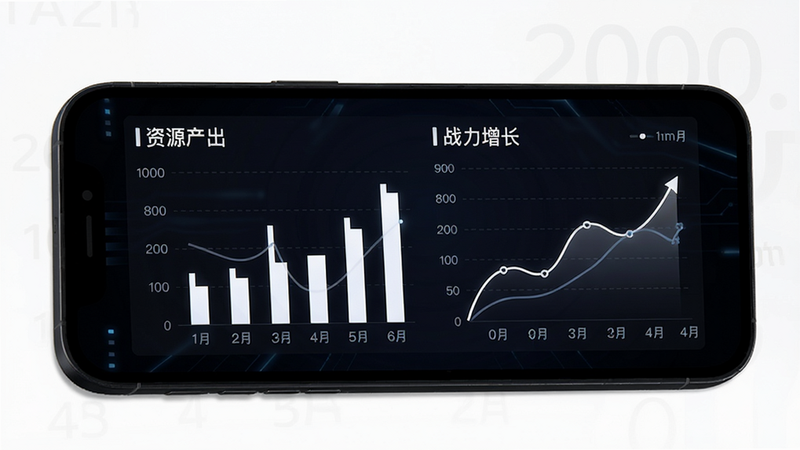 手机屏幕显示一个数据仪表盘,包含柱状图和折线图,标注“资源产出”“战力增长”。风格现代酷炫,背景暗色,数字和文字为白色,无多余装饰。