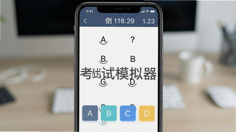 理论考试答题界面,手机顶部显示倒计时和题号,中间为选择题,下方A、B、C、D选项高亮,页面风格清爽,字体清晰,带有“考试模拟器”水印,布局规整