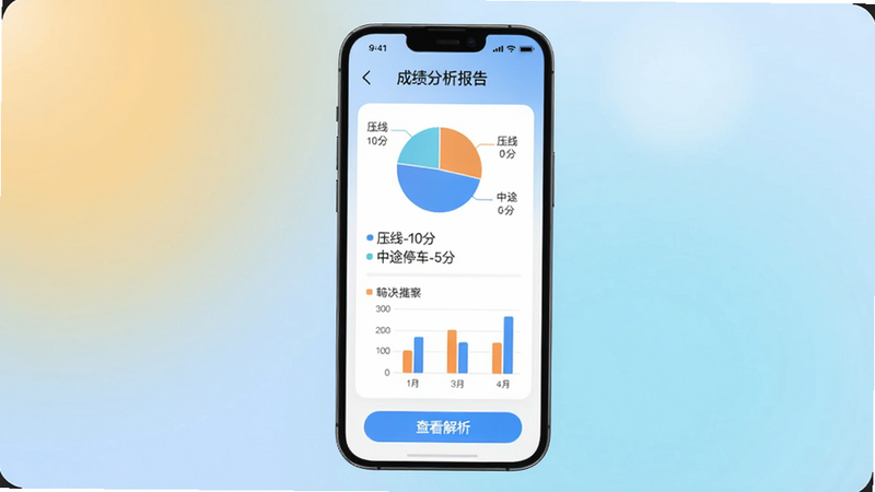 手机屏幕展示成绩分析报告,列出“压线-10分”“中途停车-5分”等条目,下方有“查看解析”按钮,背景为柔和渐变,风格简洁现代,细节包括饼图或柱状图,文字清晰,画质干净