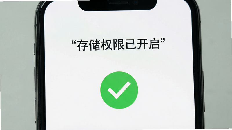 手机提示“存储权限已开启”,界面简洁带有绿色对号,背景为浅色,文字突出,画质清晰干净,无多余元素