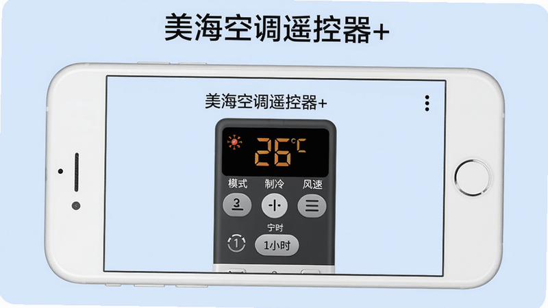 美海空调遥控器+ 在手机上显示空调控制界面,主体为一部白色手机,屏幕展示虚拟遥控器,布局居中,排版整齐,风格清爽,细节有温度显示26℃、模式选择为制冷、风速三档图标、定时1小时按钮,画质清晰,背景淡蓝色,干净无多余元素,文字“美海空调遥控器+”在界面顶部