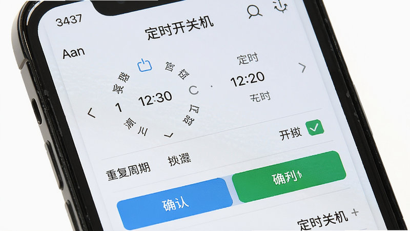 美海空调遥控器+ 定时设置界面,主体为手机屏幕显示定时开关机选项,布局列表式,排版简洁,风格日历风格,细节包括时间选择器、重复周期勾选、确认按钮,画质干净,文字显示“定时关机”和“定时开机”
