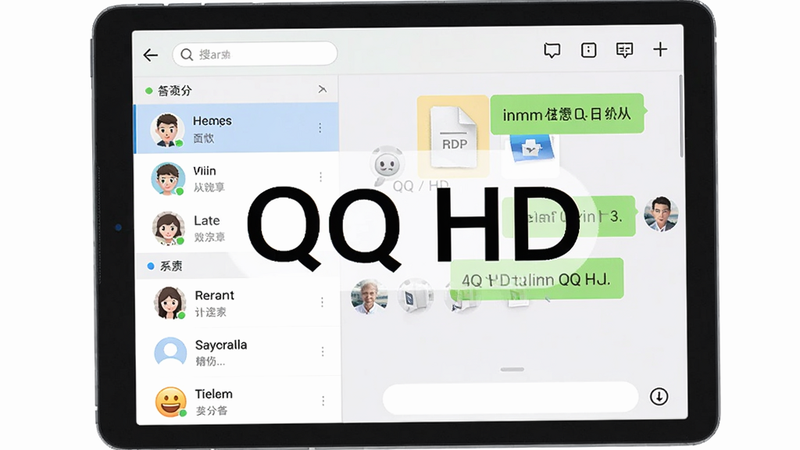 主体为平板电脑屏幕显示的QQ HD主界面,布局采用横向分栏,左侧联系人列表与分组,右侧聊天窗口显示对话气泡,顶部工具栏有搜索框和功能图标,风格扁平化、色彩柔和,细节包括头像、表情、文件缩略图,画质4K高清,整体干净无多余元素,图片中文字标注“QQ HD”