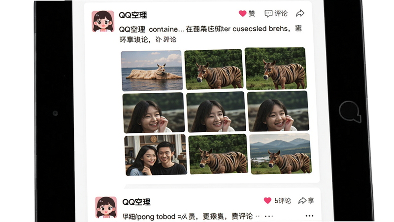 主体为平板上的QQ空间动态页面,布局为单列瀑布流,每一条动态包含头像、昵称、内容文字、配图九宫格,风格活泼,细节包括点赞评论按钮、转发图标,画质高清,干净无多余元素