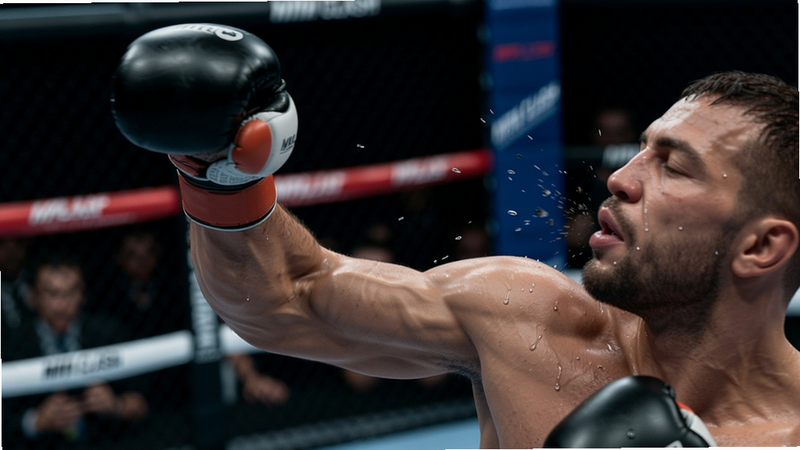 主体展示MMA Clash游戏中拳击手一记上勾拳击中对手下巴的特写镜头。布局采用侧面视角,突出打击瞬间的冲击力。风格写实且带有慢动作特效,细节包括飞溅的汗水、肌肉拉伸和拳头上的护具纹理。画质清晰干净,背景八角笼围网虚化,整体色调偏冷。
