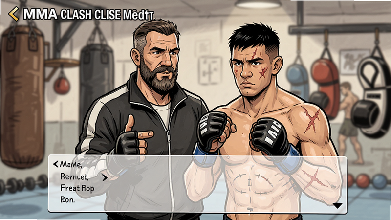 主体为MMA Clash生涯模式的剧情对话界面,一名教练模样的人物正给主角讲解战术。布局采用全屏竖屏,下方为对话选项框。风格带有漫画手绘滤镜,细节包括教练的胡须和主角的伤疤,背景是训练馆的沙袋和拳靶。画质干净柔和,无多余UI干扰。