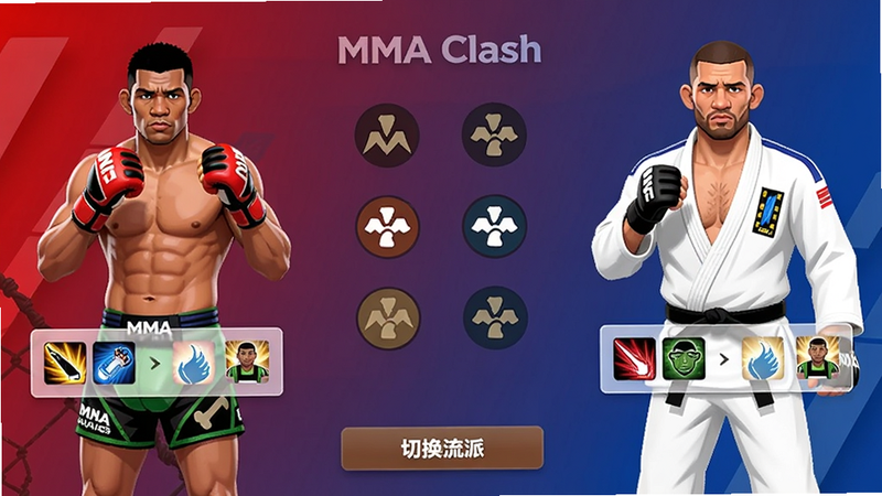 主体为MMA Clash角色选择界面,左侧为一名泰拳选手,右侧为一名柔术选手,中间显示流派图标。布局采用扁平化列表风格,排版整齐,色彩鲜艳。细节包括每个角色的服装差异和技能面板,画质干净无锯齿,背景为红蓝渐变色,底部有“切换流派”按钮。