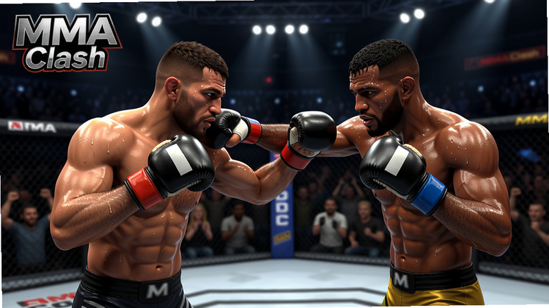 主体是一款名为MMA Clash的手机格斗游戏界面截图,中央显示两名格斗家正在八角笼中对战,背景灯光聚焦于擂台。布局采用横屏居中构图,排版紧凑,风格为写实3D渲染,细节包括拳击手套上的汗水、肌肉纹理和观众席的虚化效果。画质达到4K级别,干净无多余元素,画面左上角有游戏logo“MMA Clash”字样。